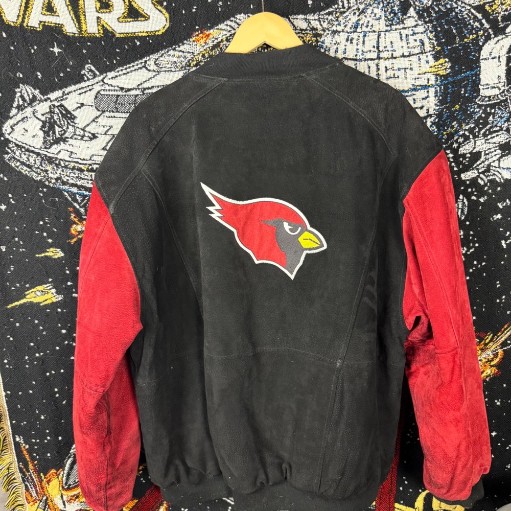 Vintage Jeff Hamilton Arizona Cardinals Suede Bomber Jacket XL NFL Black Red